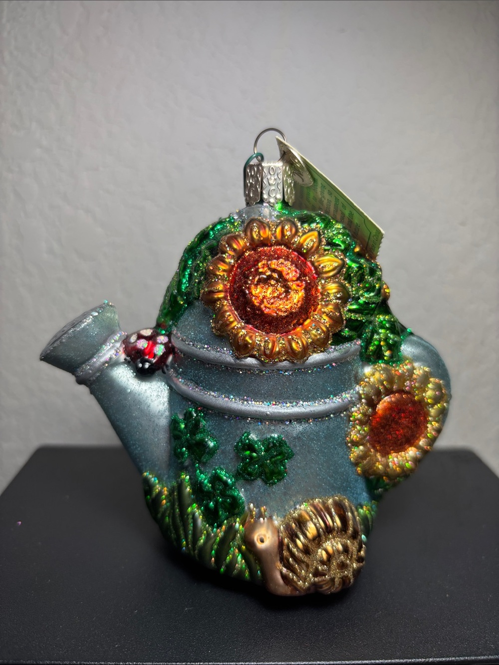 Old World Christmas - Watering Can Ornament with Sunflower and Snail - Green